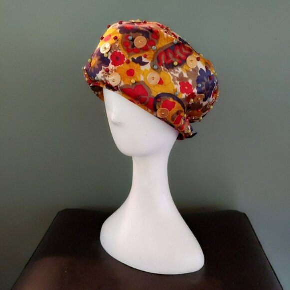 Vtg 60s Floral Liberty Sequin Pillbox Turban Hat - Picture 2 of 6
